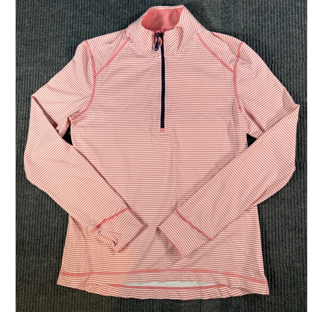 Southern Tide Womens Coral Pink White Striped 1/4 Zip Pullover Thumbholes Small
